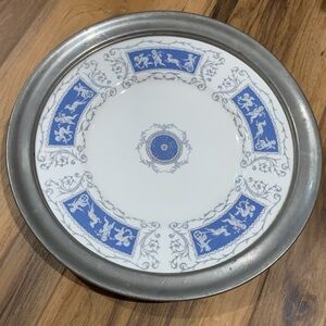 Vintage Coalport Bone China Revelry blue and white plate in aluminum casing 12”